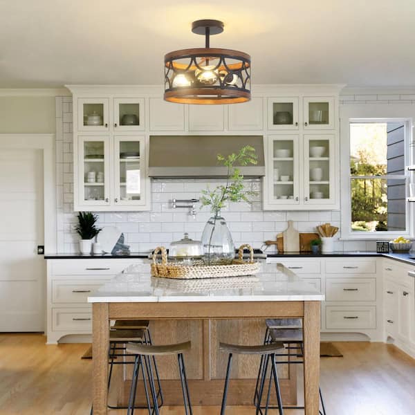 12.6 in. 3-Light Brown Cage Drum Semi-Flush Mount Ceiling Light Fixtures Industrial Farmhouse Style(Bulbs Not Included)