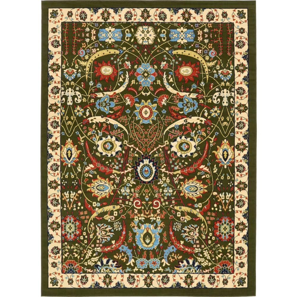 Green and Black Floral Synthetic Rectangular Area Rug