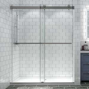 60 in. W x 74 in. H Sliding Frameless Shower Door in Brush Nickle with Clear Glass