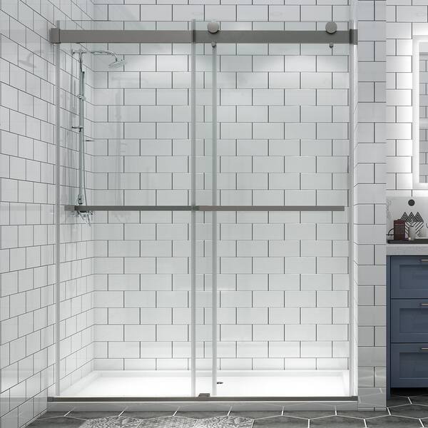 ExBrite 56-60 in. W x 74 in. H Sliding Semi Frameless Shower Door in Brushed Nickel Finish with Clear Glass