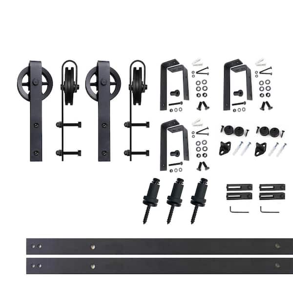 HOMACER 4.5 ft./54 in. Black Rustic Double Track Bypass U-Shape Sliding Barn Door Hardware Kit - Spoke Wheel Design Roller