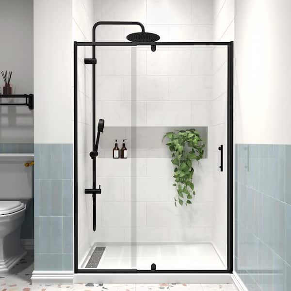Modern 48 in. W x 71 in. H Pivot Swing Semi-Frameless Shower Door in Matte Black Finish with 1/4 in. (6mm) Clear Glass