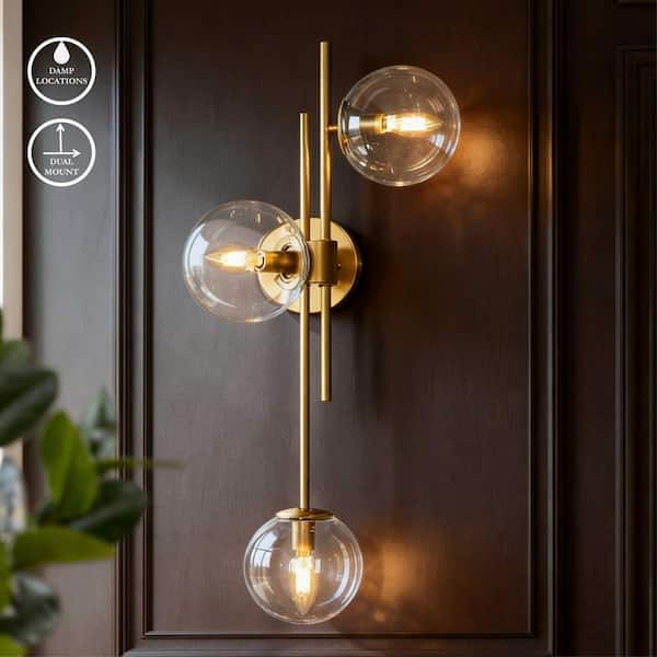 30 in. 3-Light Painted Gold Modern Bathroom Vanity Light Decorative Linear Foyer Wall Sconce with Clear Glass Globes