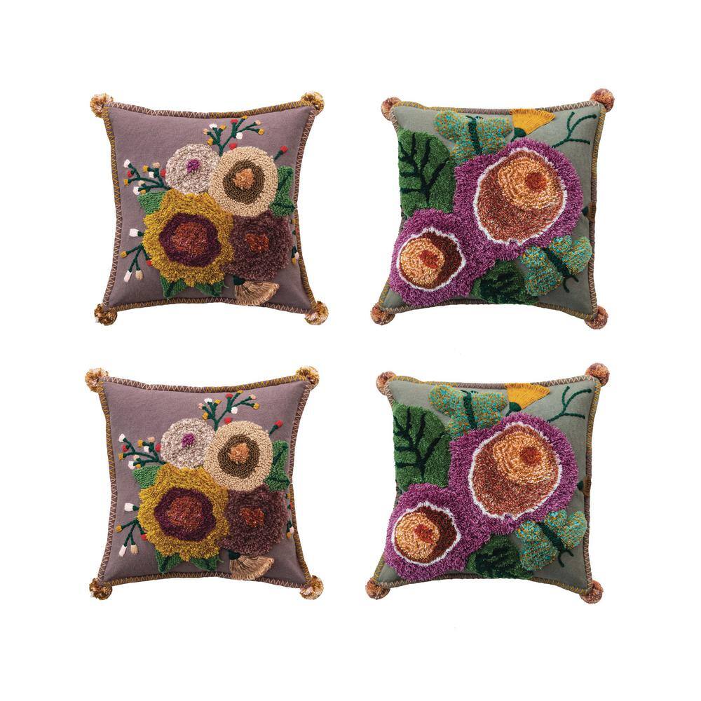 Embroidered Multicolor Floral Cotton Square Throw Pillows Set