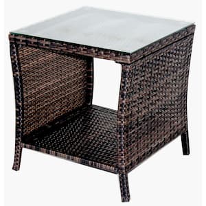 Brown Square PE Wicker Outdoor Side Table Outdoor Tea Table End Table Coffee Table with Tempered Glass Table Top