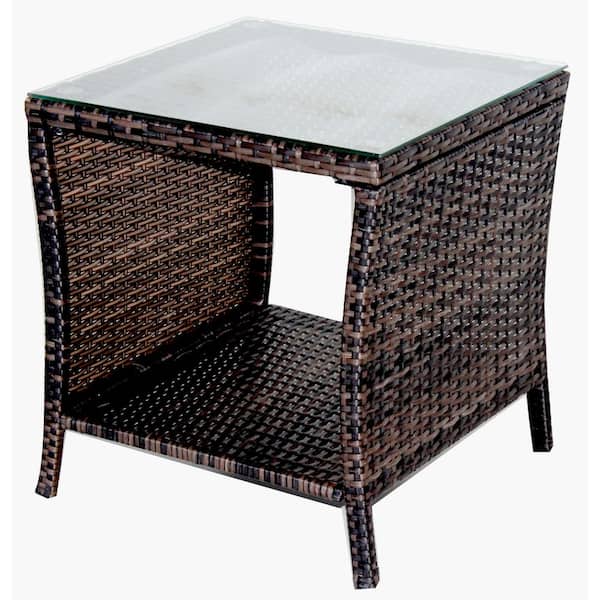 URTR Brown Square PE Wicker Outdoor Side Table Outdoor Tea Table End Table Coffee Table with Tempered Glass Table Top