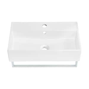 Claire 22 in. Rectangle Ceramic Wall Mount Bathroom Vessel Sink with Silver Towel Bar