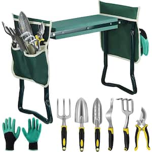 23.3 in. 6-Pieces Green Foldable Garden Seat Kneeling Chair Garden Tool Set with Soft Kneeling Cushion