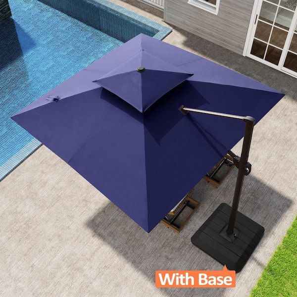 10 ft. Square 360° Rotation Offset Cantilever Aluminum Patio Umbrella in Navy Blue and Umbrella Stand Fillable Base