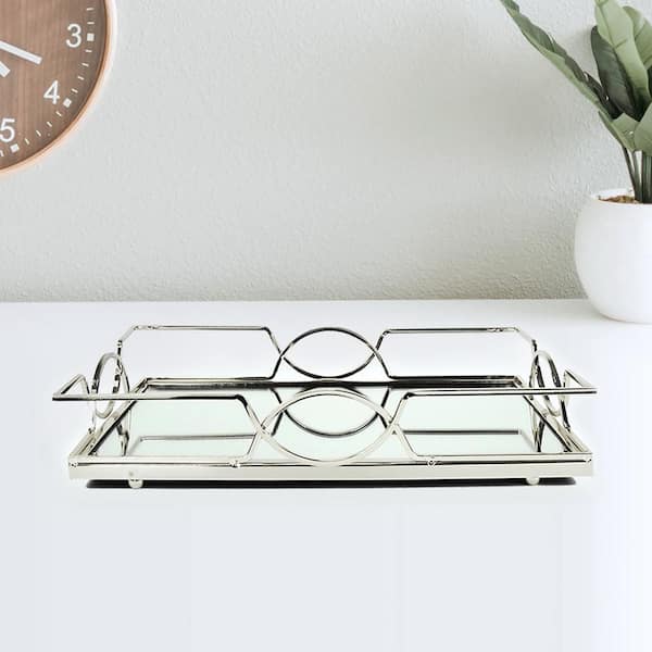 LIVING LUXURY Art Deco Rectangle Metal Mirror Silver Decorative Tray 14in