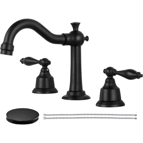 Classic Arc High-Arc 8 in. Widespread Double Handle Bathroom Sink Faucet with Drain Assembly in Matte Black