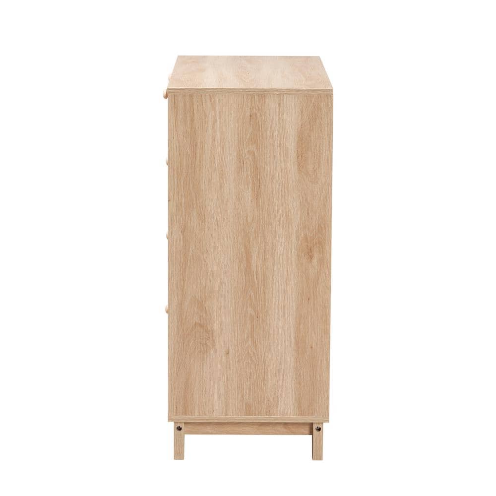 Elsbeth Oak Brown Wood and Natural Rattan 5-Drawer Storage Cabinet