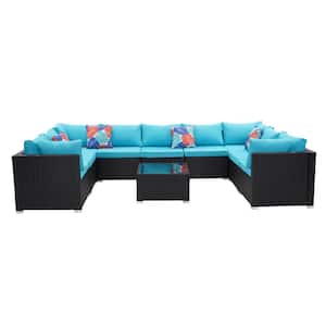 10-Piece Blue Wicker Rattan Patio Furniture Set Patio Conversation with Cushions