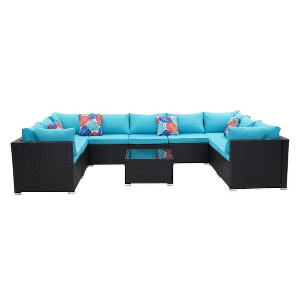 OVASTLKUY 10-Piece Blue Wicker Rattan Patio Furniture Set Patio Conversation with Cushions