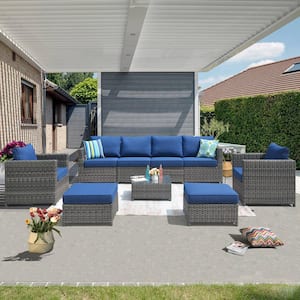 Ontario Lake Gray 9-Piece Wicker Outdoor Patio Conversation Seating Set with Navy Blue Cushions