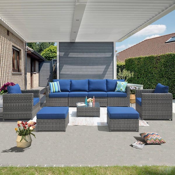 XIZZI Ontario Lake Gray 9-Piece Wicker Outdoor Patio Conversation Seating Set with Navy Blue Cushions