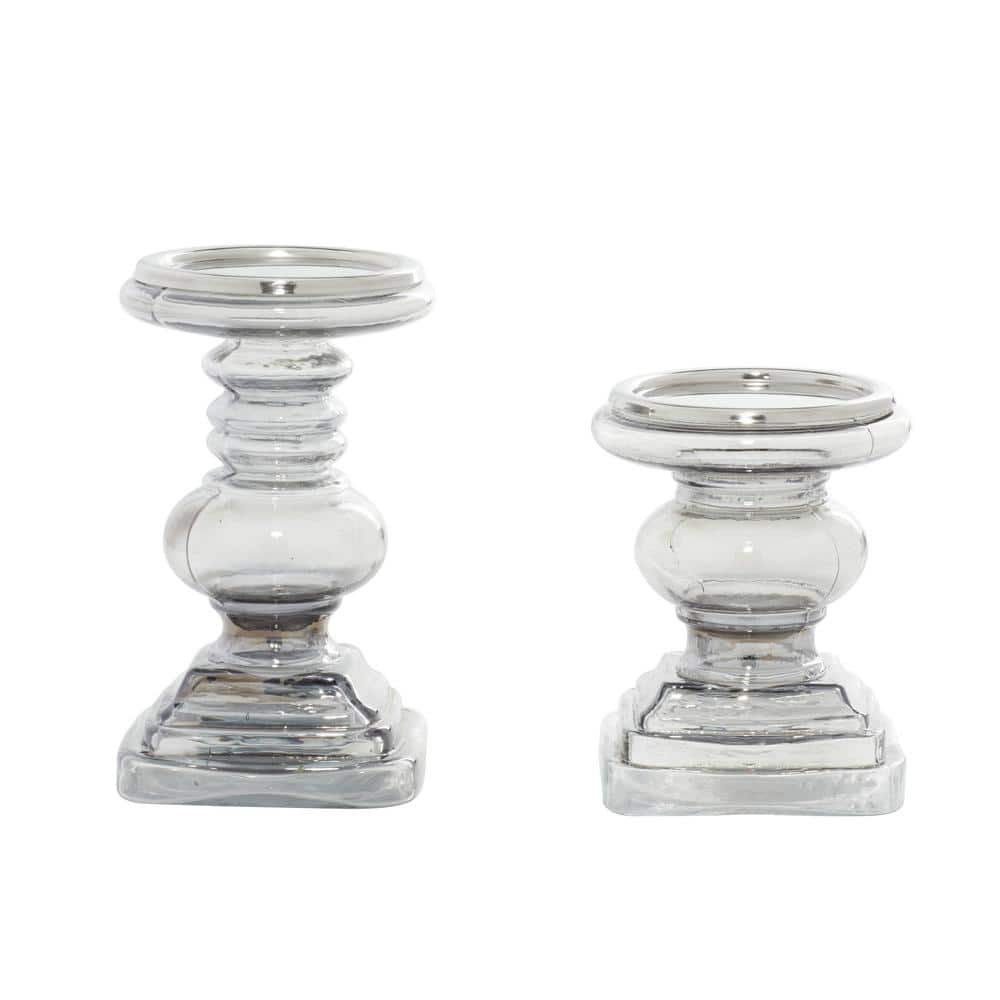 Translucent Silver Glass Pillar Candle Holder Set with Pedestal Base