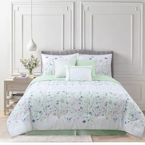 Wildflower Embroidered White Microfiber 7-Piece Comforter Set Queen