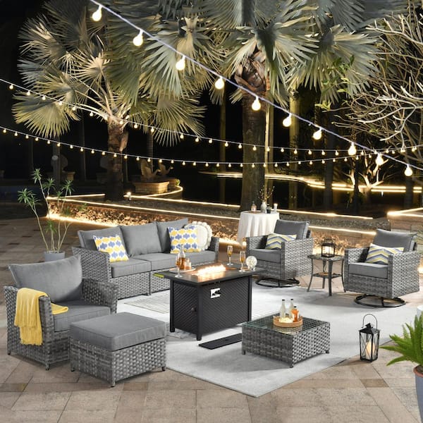 Eufaula Gray 10-Piece Wicker Patio Fire Pit Conversation Sofa Set with Swivel Rocking Chairs and Dark Gray Cushions