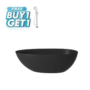 67 in. x 33 in. Stone Resin Solid Surface Non-Slip Freestanding Soaking Bathtub with Brass Drain and Hose in Matte Black