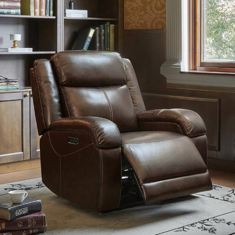 Spruce & Spring Auberon Dark Brown Genuine Leather Wall Hugger RV Power Recliner Chair with Adjustable Headrest and Charging Port
