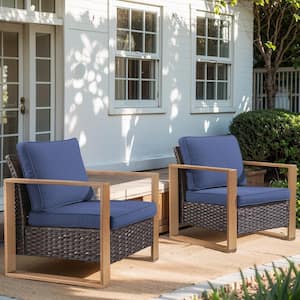 Rectangular Framed Armrest Brown Wicker Outdoor Patio Lounge Chair with CushionGuard Blue Cushions