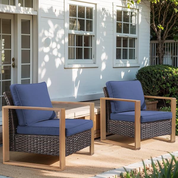 Pocassy Rectangular Framed Armrest Brown Wicker Outdoor Patio Lounge Chair with CushionGuard Blue Cushions
