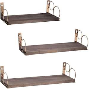 Floating Shelves Wall-Mounted Antique Wooden Shelves With Golden Round Metal Brackets (Set of 3)