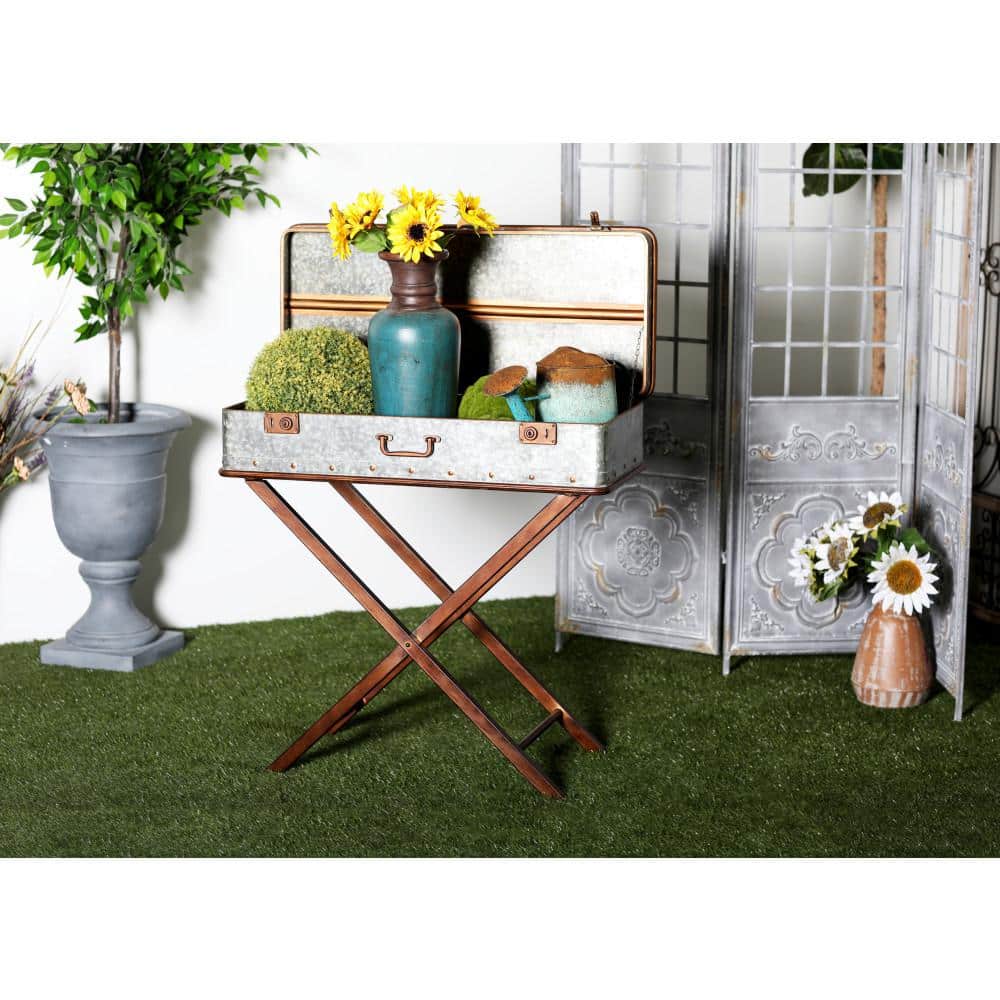 Gray Metal Suitcase Style Accent Table with Folding Legs