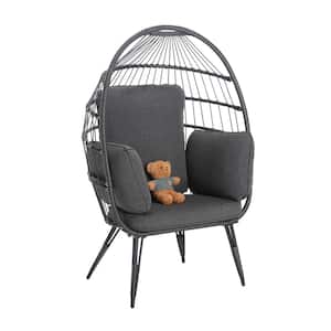 37 in. W Oversized Wicker Outdoor Egg Chair Lounge Chair with Gray Cushions