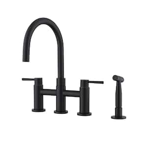 Double Handle Bridge Kitchen Faucet with Side Sprayer 304 Stainless Steel 4 Hole Sink Faucets in Matte Black