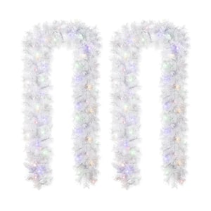 9 ft. Pre-Lit Snow Flocked White Pine Christmas Garland, with 50 Warm White/Multi-Color Lights and Timer (Set of 2)