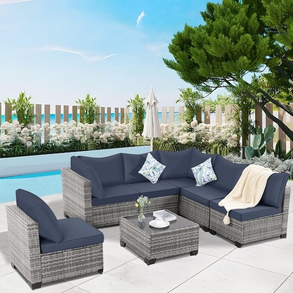Gray 7-Piece Wicker Outdoor Sectional Set with Cushionguard Beige Cushions, 6-Sofas and 1-Bistro Table