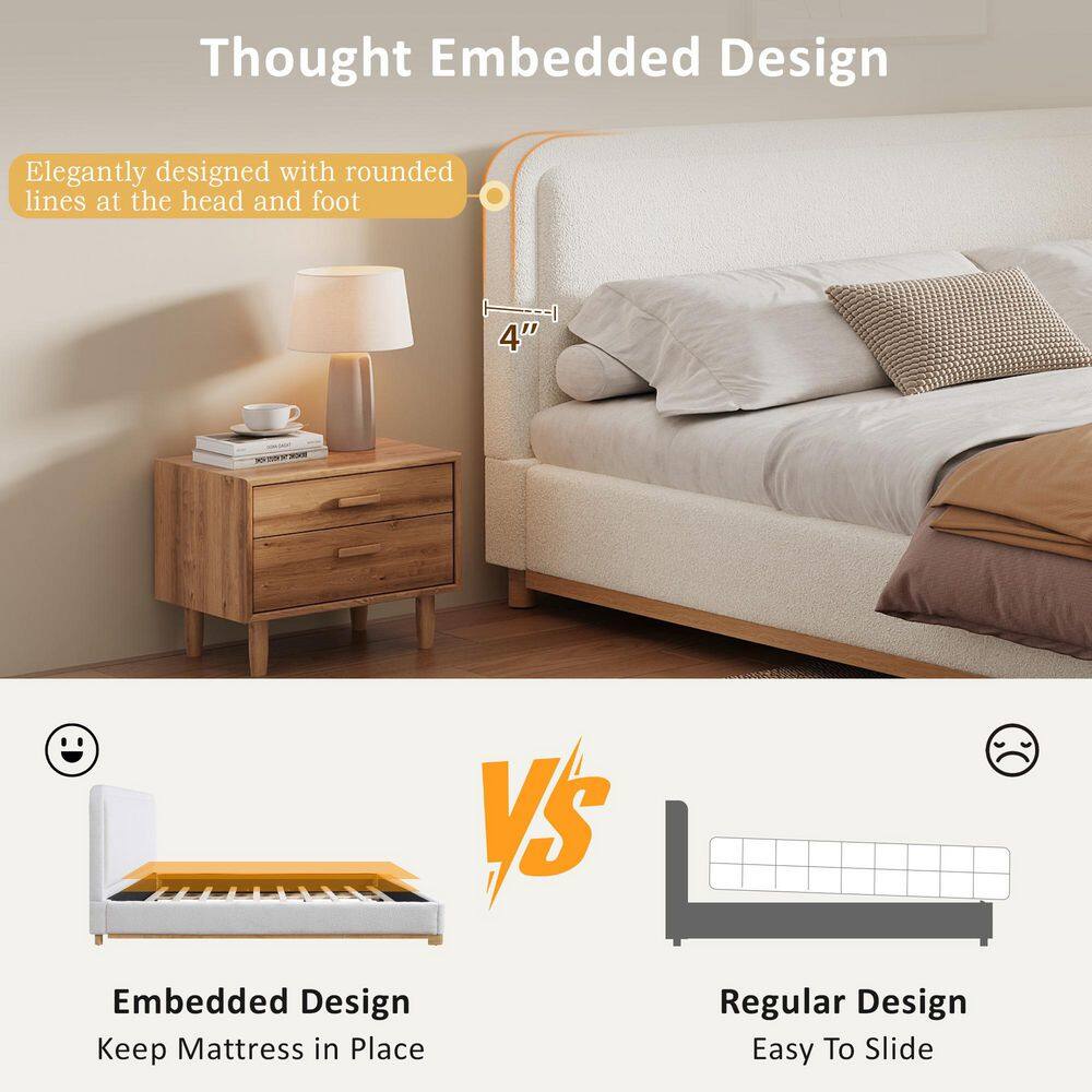 White Wood Frame King Size Soft Boucle Upholstered Platform Bed with Solid Rubber Wood Base and Legs - thumbnail 8