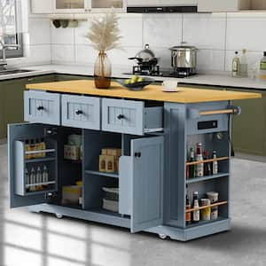 Gray Blue Kitchen Cart with Drop-Leaf Tabletop, Door Internal Storage Racks, Power Outlet, 5 Open Side Racks