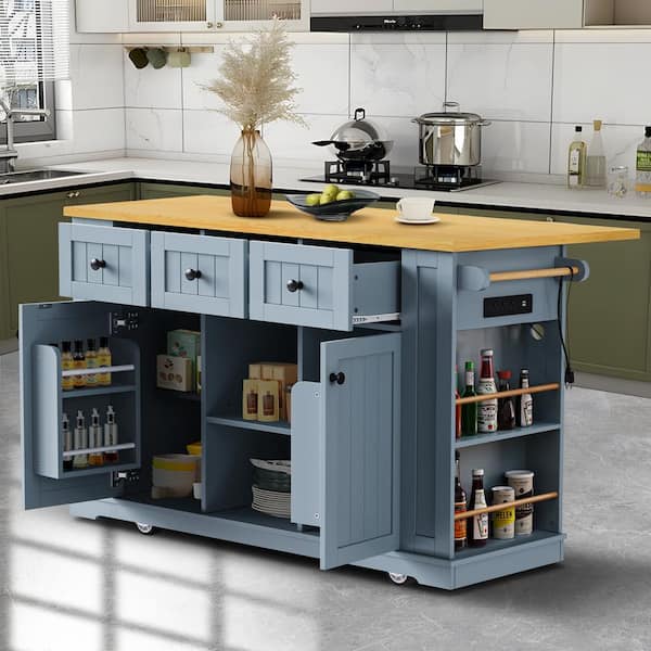 Harper & Bright Designs Gray Blue Kitchen Cart with Drop-Leaf Tabletop, Door Internal Storage Racks, Power Outlet, 5 Open Side Racks