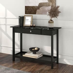 Dingo 41.75 in. Black Rectangle Faux Marble Console Table with Drawer and Shelf