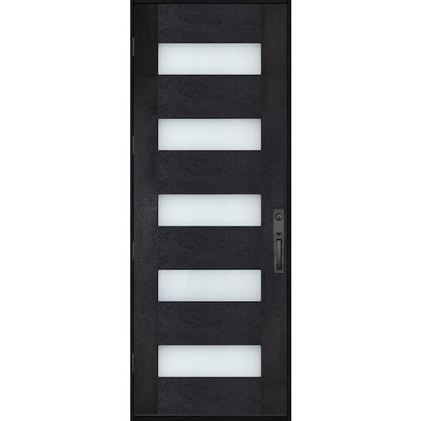 Regency 36 in. x 80 in. 5L Modern Frosted Glass RHOS Onyx Stain Fiberglass Prehung Front Door w/8011 Black Lockset
