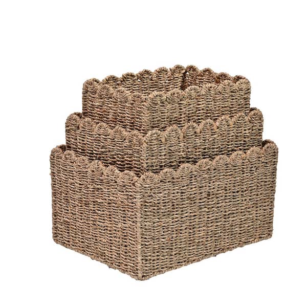 Arden 17.32 in. x 9.84 in. Seagrass Scalloped Rectangular Organizing Storage Decorative Baskets, Natural (Set of 3)