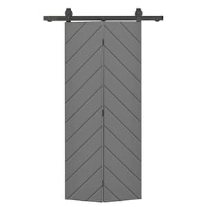 Herringbone 20 in. x 80 in. Hollow Core Light Gray Painted MDF Composite Bi-Fold Barn Door with Sliding Hardware Kit
