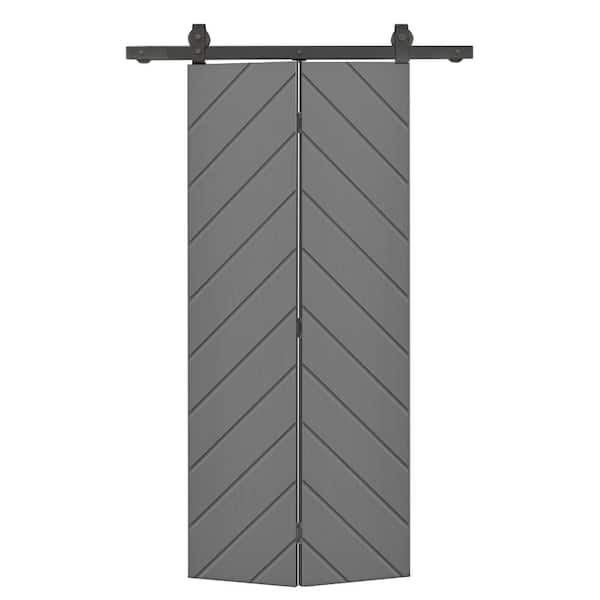 CALHOME Herringbone 30 in. x 80 in. Hollow Core Light Gray Painted MDF Composite Bi-Fold Barn Door with Sliding Hardware Kit