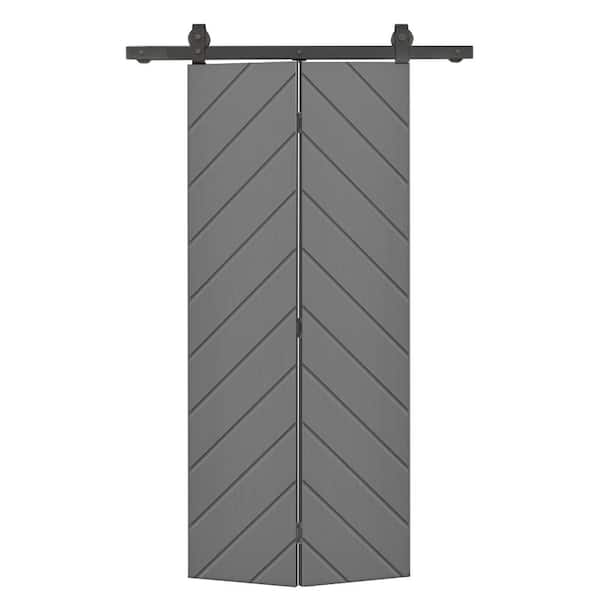 CALHOME Herringbone 34 in. x 80 in. Hollow Core Light Gray Painted MDF Composite Bi-Fold Barn Door with Sliding Hardware Kit