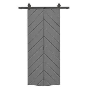 Herringbone 30 in. x 84 in. Hollow Core Light Gray Painted MDF Composite Bi-Fold Barn Door with Sliding Hardware Kit
