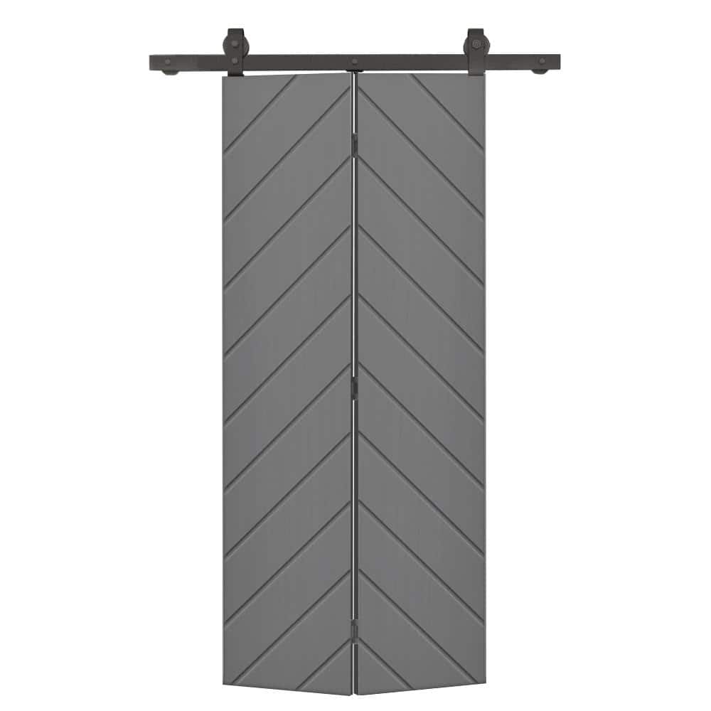 Herringbone 34 in. x 84 in. Hollow Core Light Gray Painted MDF Composite Bi-Fold Barn Door with Sliding Hardware Kit price history on PriceWatchPro