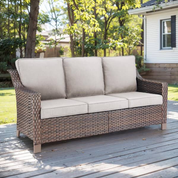 moosprr Modern Luxurious 3-Seat Brown PE Wicker Outdoor Couch with Olefin Beige Cushions and 4 In. Wide Armrest