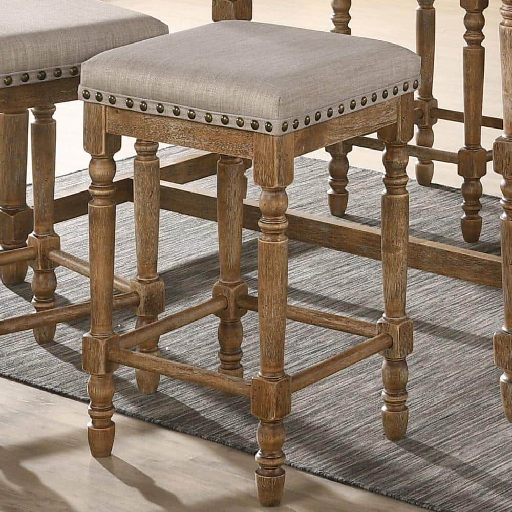 Weathered Oak Backless Counter Height Stool with Beige Upholstered Seat