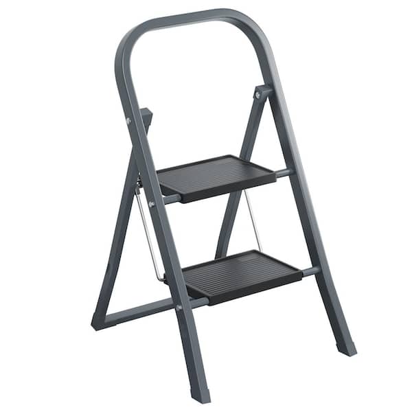 Tidoin 2.6 ft. Gray Metal Folding 2 Step Ladder (6 ft. Reach), 300 lbs. Load Capacity Type IA Duty Rating