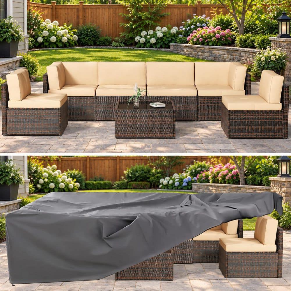 8-Piece Outdoor Sectional Conversation Set Garden Furniture Sets with Cover, Brown Rattan and Beige Cushions
