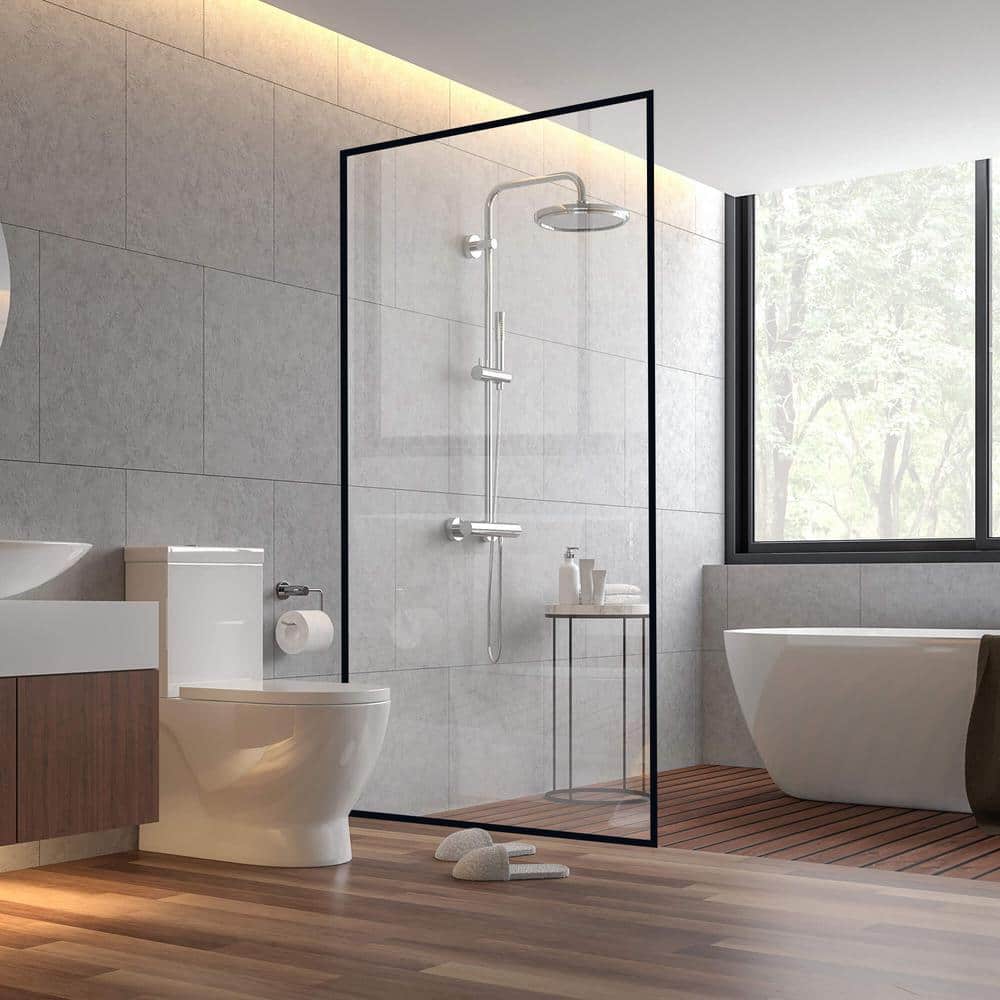 Velvon 34" x 74" Matte Black Framed Fixed Glass Shower Panel