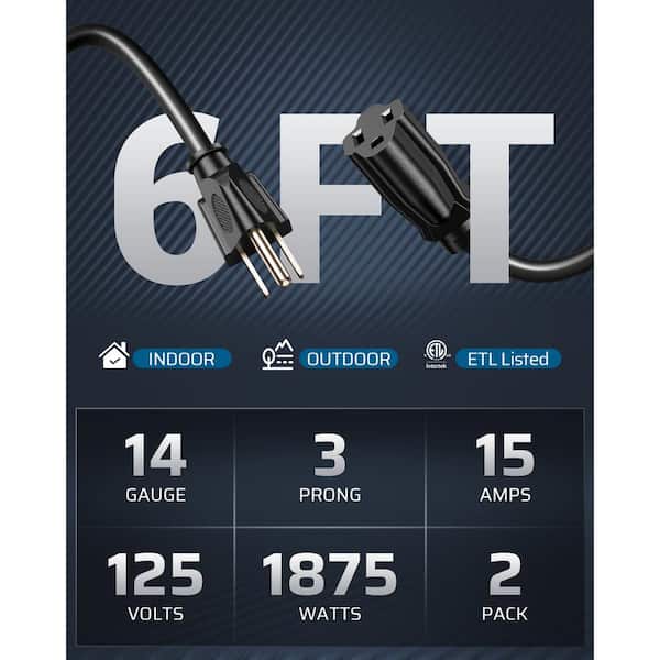 Heavy-Duty 6 ft. 14/3 SJTW Indoor/Outdoor Extension Cord with 3-Prong Outlets, 2-Pack, Black